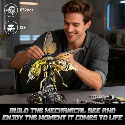 Mechanical Bee Building Blocks Kit for Adult Technic Bee Buildings Set for Adults with LED Light &amp Display Stand Robot Animal Building Toy with Moving Wings for Adults &amp Kids 832Pcs