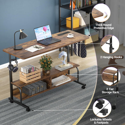 Armocity Rolling Standing Desk with Charging Station, Portable Height Adjustable Mobile Computer Desk with Wheels & 2-Tier Shelves & Hooks, Easy Assembly Laptop Table for Couch Bed, 47" Rustic Brown
