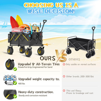 CAtArt Beach Wagon with Big Wheels for Sand, 400LBS Heavy Duty Foldable Wagons Carts, 9" All-Terrain PVC Inflatable Tires, Easy Storage for Beach, Grocery Shopping, Sports Camping (Black)