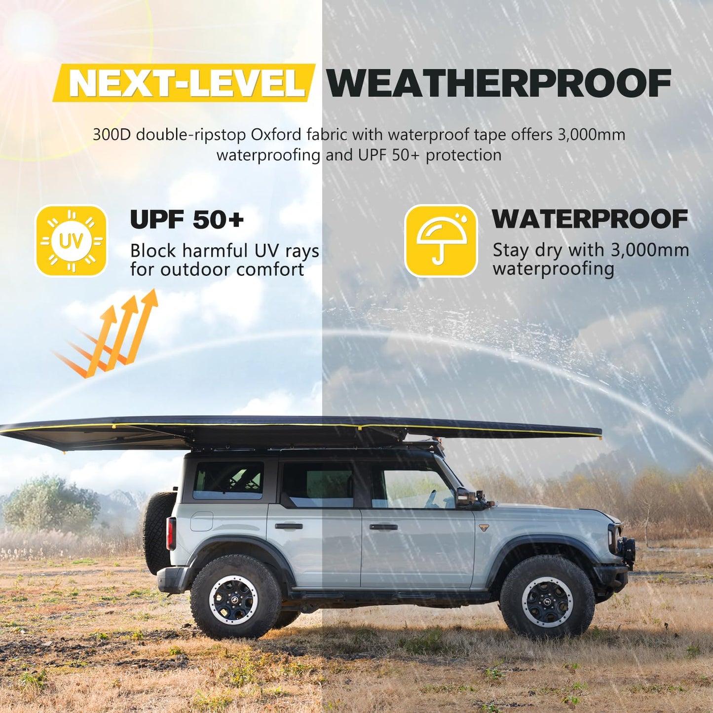 BUNKER INDUST 270 Degree Awning Free Standing, Vehicle Overland Awning Built-in LED Light - Three Colors, Car Passenger Side, Waterproof Wind Resistant for SUV Van Truck Camper
