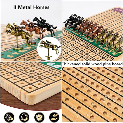 Horse Race Board Game with 11 Luxury Metal Horses 4 Dice 2 Card Boxes and Thickened Wood Game Board for 2-11 Players Family Party for Adults Teens &amp Kids Horse Racing Game