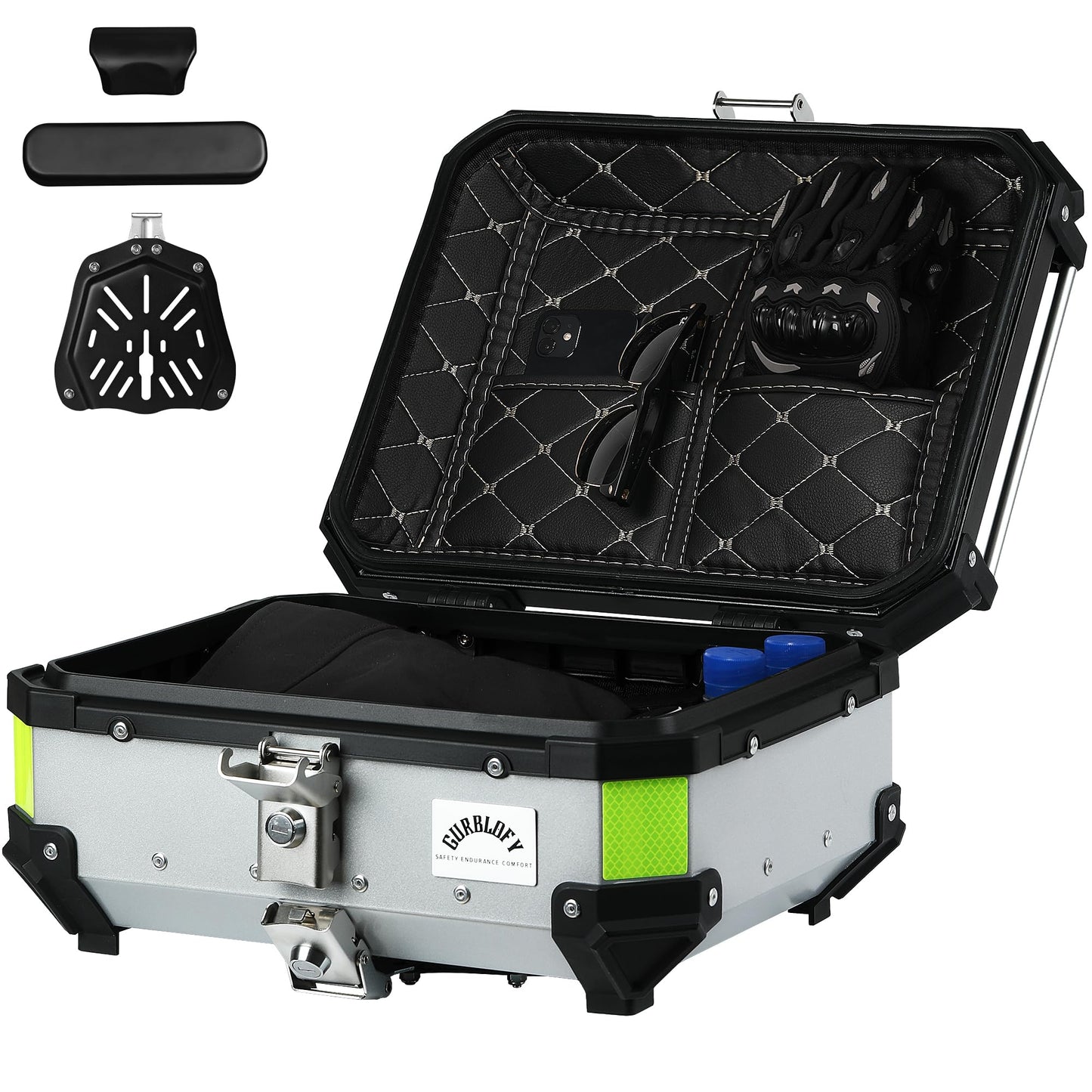 Gurblofy Motorcycle Top Box, 25L Aluminum Compact Motorcycle Top Case with Anti-Theft Lock System, Waterproof, Easy Installation with Universal Bracket, Back Cushion Included, Silver, GBTC-25S