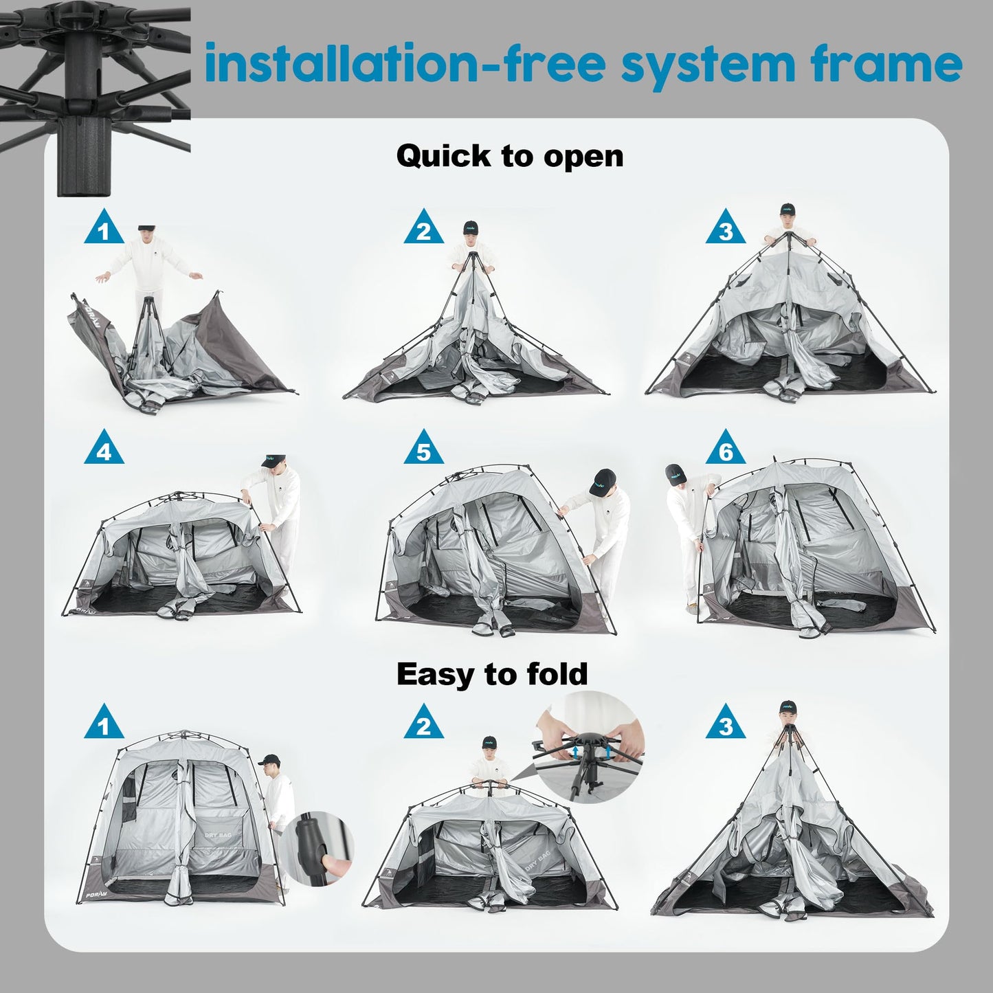 Porayhut Portable Camping Shower Tent Deluxe Changing Room Easy Set Up Privacy Shelter,Large Toilet Tent 2 Rooms with Floor Drain Design for Beach, Camping,Hiking with Stakes and Ropes for Stability