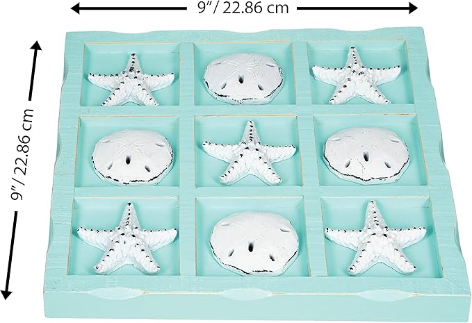 Beach Tic Tac Toe - 9 X 9 Seafoam Blue Tic Tac Toe Decor Home W/White Resin Starfish &amp Sand Dollars - Real Wooden Tic Tac Toe - Tic Tac Toe Coffee Table - Nautical Décor