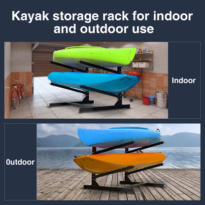 QonicFly Heavy Duty Kayak Storage Rack - Adjustable Freestanding Stand for Kayaks, Canoes, Paddleboards, and Surfboards - Ideal for Garage, Shed, Dock, and Outdoor Storage (2 Levels)