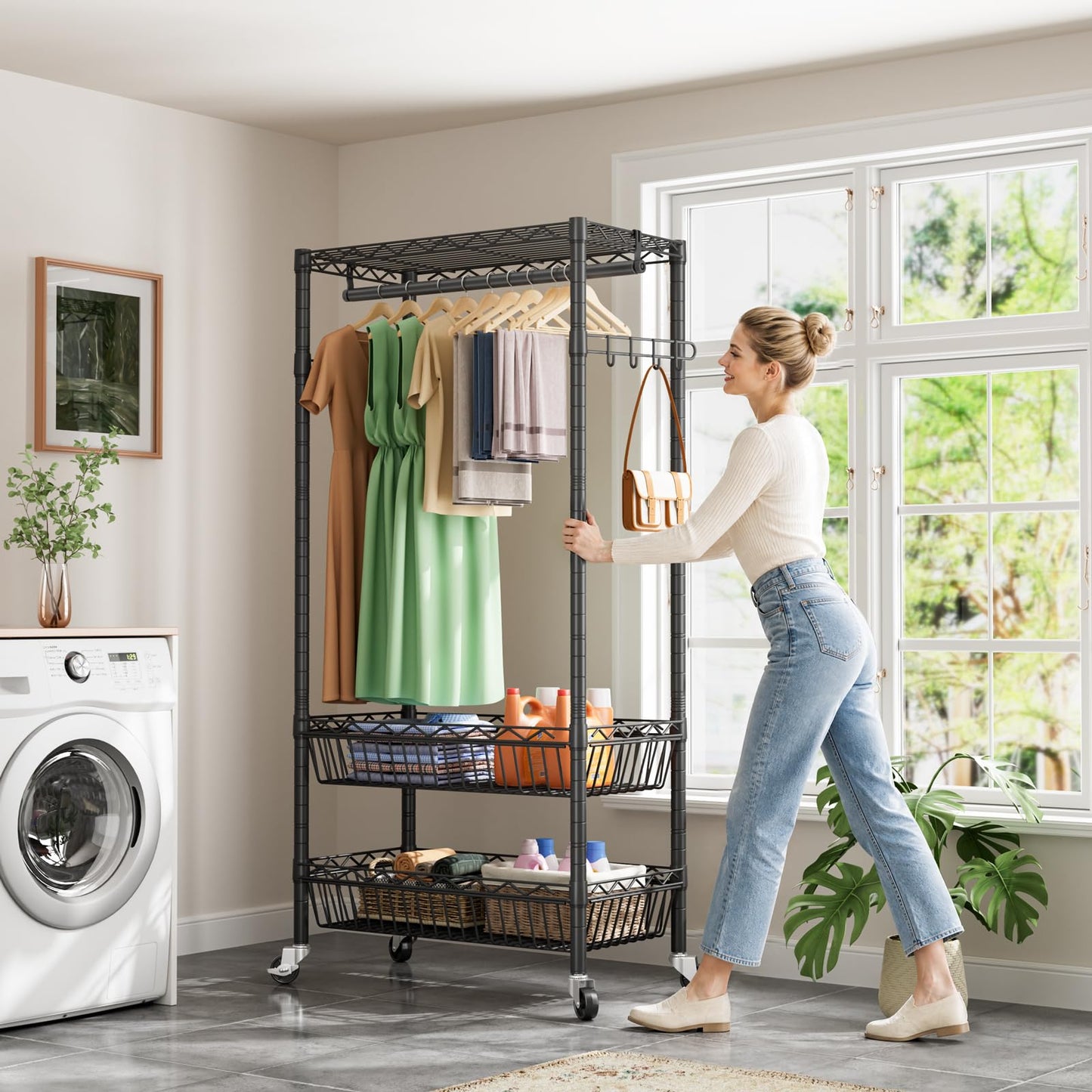 Heavy Duty Clothes Rack Rolling Garment Rack,3 Tier Adjustable Wire Shelving Clothing Racks for Hanging Clothes with Double Rods&Side Hooks,Freestanding Wardrobe Storage Rack Metal Portable Closet