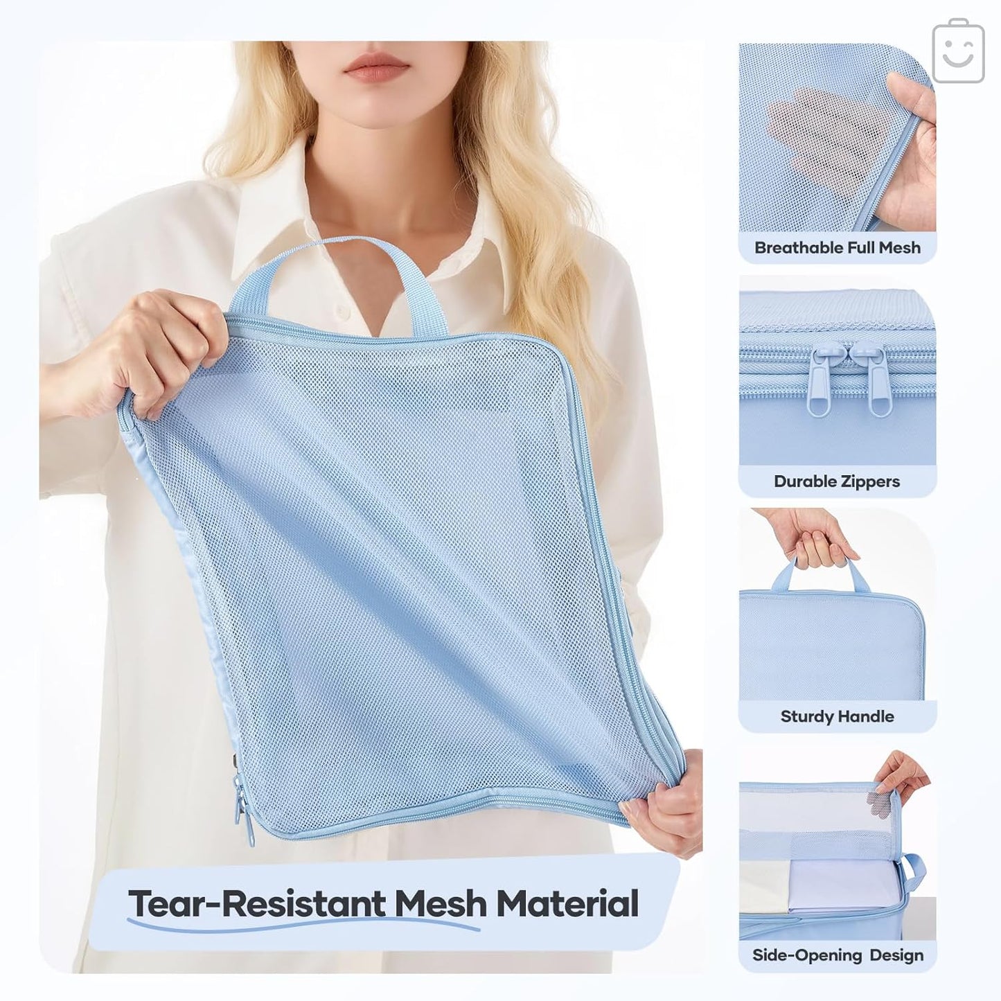 Veken Compression Packing Cubes - Durable Travel Organizer Set for Luggage | Large Light Blue Bags