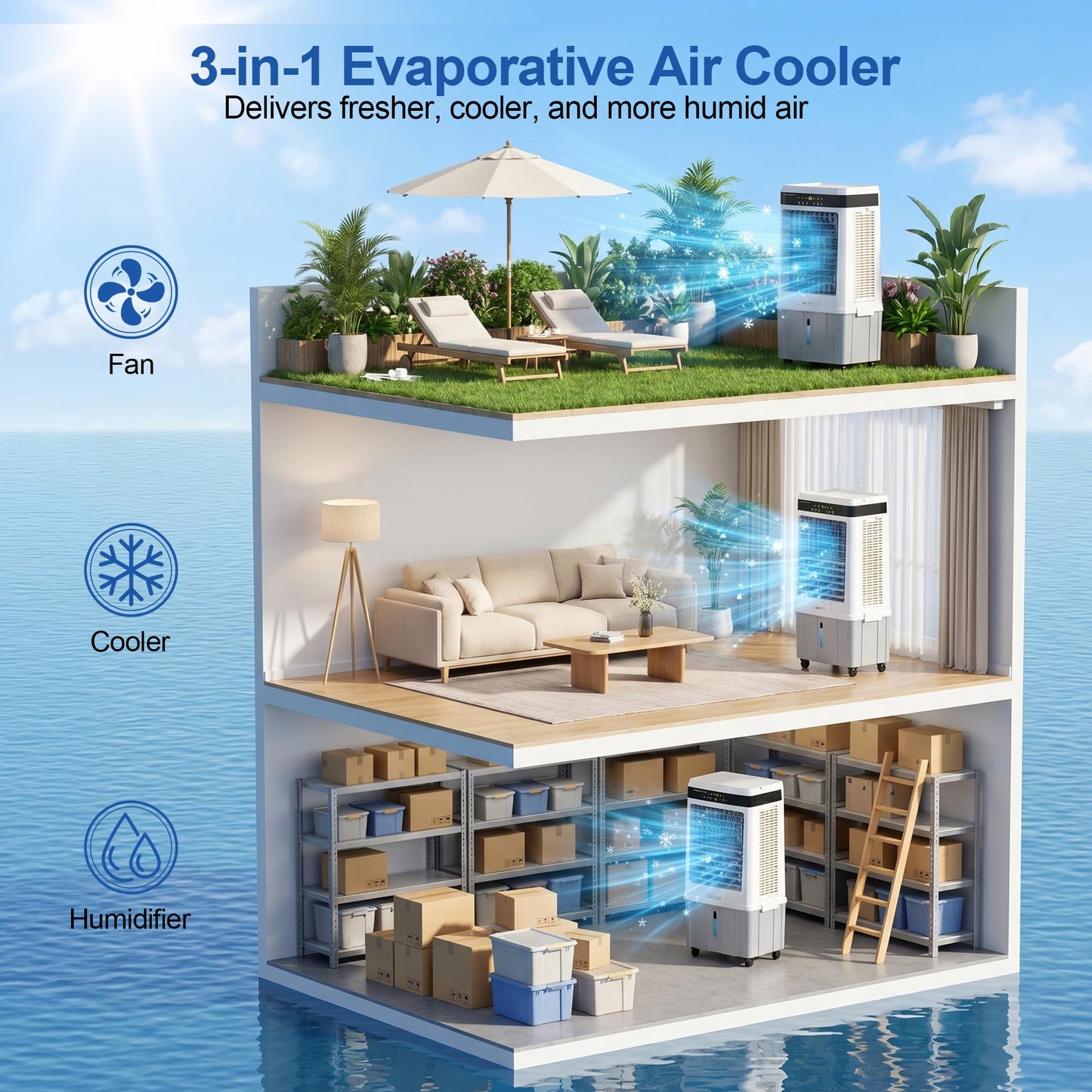 Uthfy 2800 CFM Portable Swamp Cooler, Evaporative Air Cooler for Room with 9.5 Gal Detachable Water Tank, 120 Oscillating Outdoor Cooling Fan, Remote, 12H Timer, 4 Ice Packs for Indoor, Garage, Patio