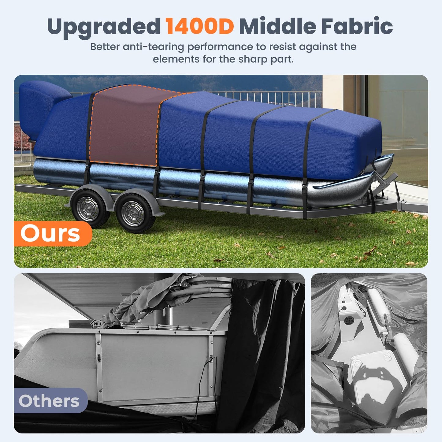 RVMasking Pontoon Boat Cover with Motor Cover, 1400D Heavy Duty Middle Reinforced, Marine Grade Waterproof Boat Cover for Length: 25'-28', Beam Width up to 102", Blue
