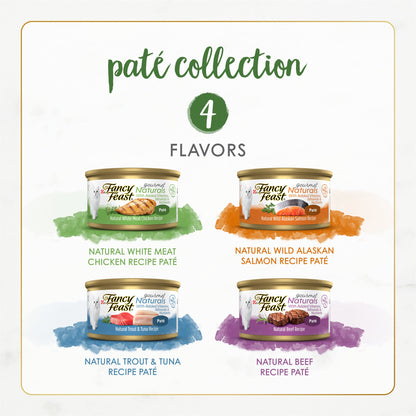 Purina Fancy Feast Grain Free Wet Cat Food Pate Variety Pack Gourmet Naturals–Beef, Chicken, Salmon, Trout and Tuna - (2 Packs of 12) 3 oz. Cans