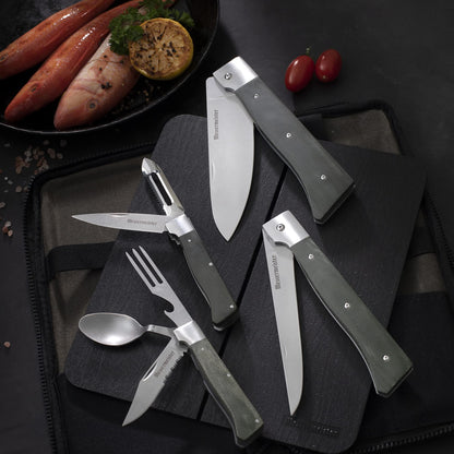 Messermeister Adventure Chef Summit Set, Distressed Linen - Folding 6” Chef’s Knife, 6” Fillet Knife, Steak Knife, Fork & Spoon, Peeler & Parer, TPE Cutting Board + Waxed Canvas Case