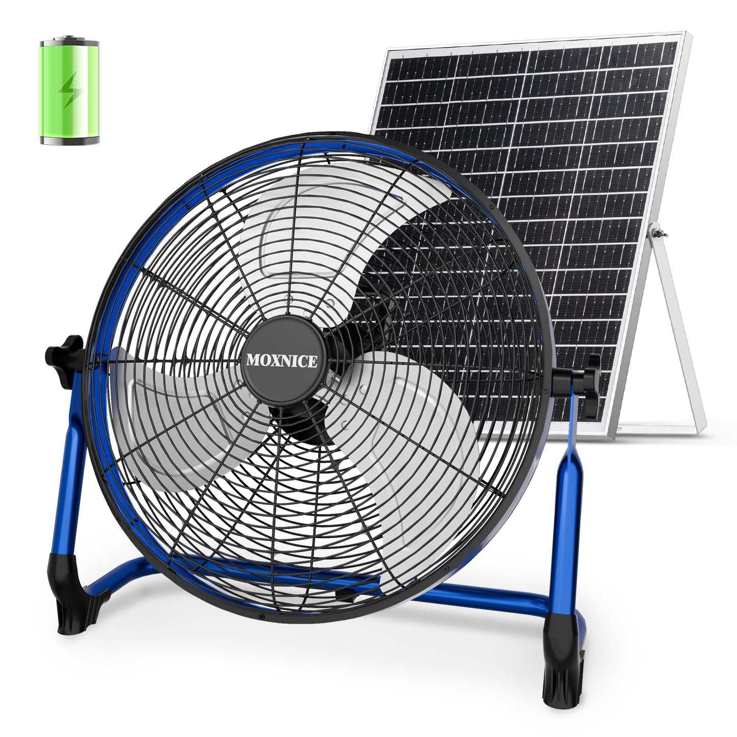 MOXNICE 18" Solar Rechargeable Floor Fan, 30W Cordless Solar Fan Outdoor, Portable Camping Fan, Hi-airflow, USB Output, Wireless, for Home Garage RV Camping Greenhouse