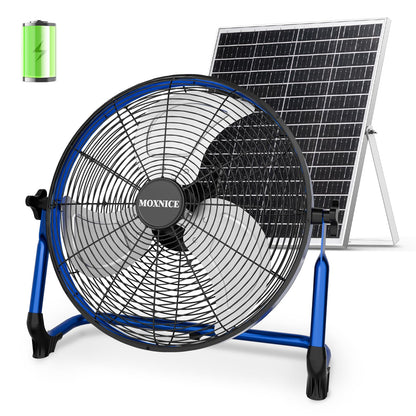MOXNICE 18" Solar Rechargeable Floor Fan, 30W Cordless Solar Fan Outdoor, Portable Camping Fan, Hi-airflow, USB Output, Wireless, for Home Garage RV Camping Greenhouse