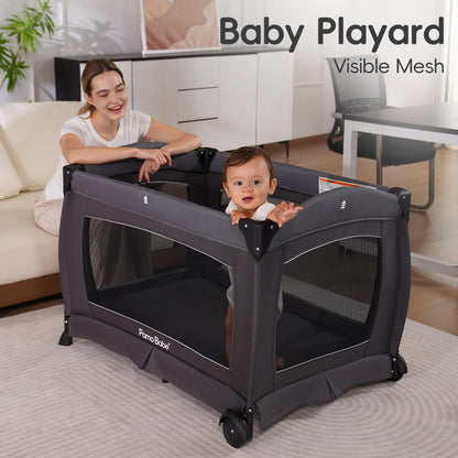 Pamo Babe Pack and Play 4-in-1 Baby Playard with Bassinet & Changing Table, Foldable Portable Playpen with Mattress, Nursery Center for Newborn to Toddler 0-36M-Black