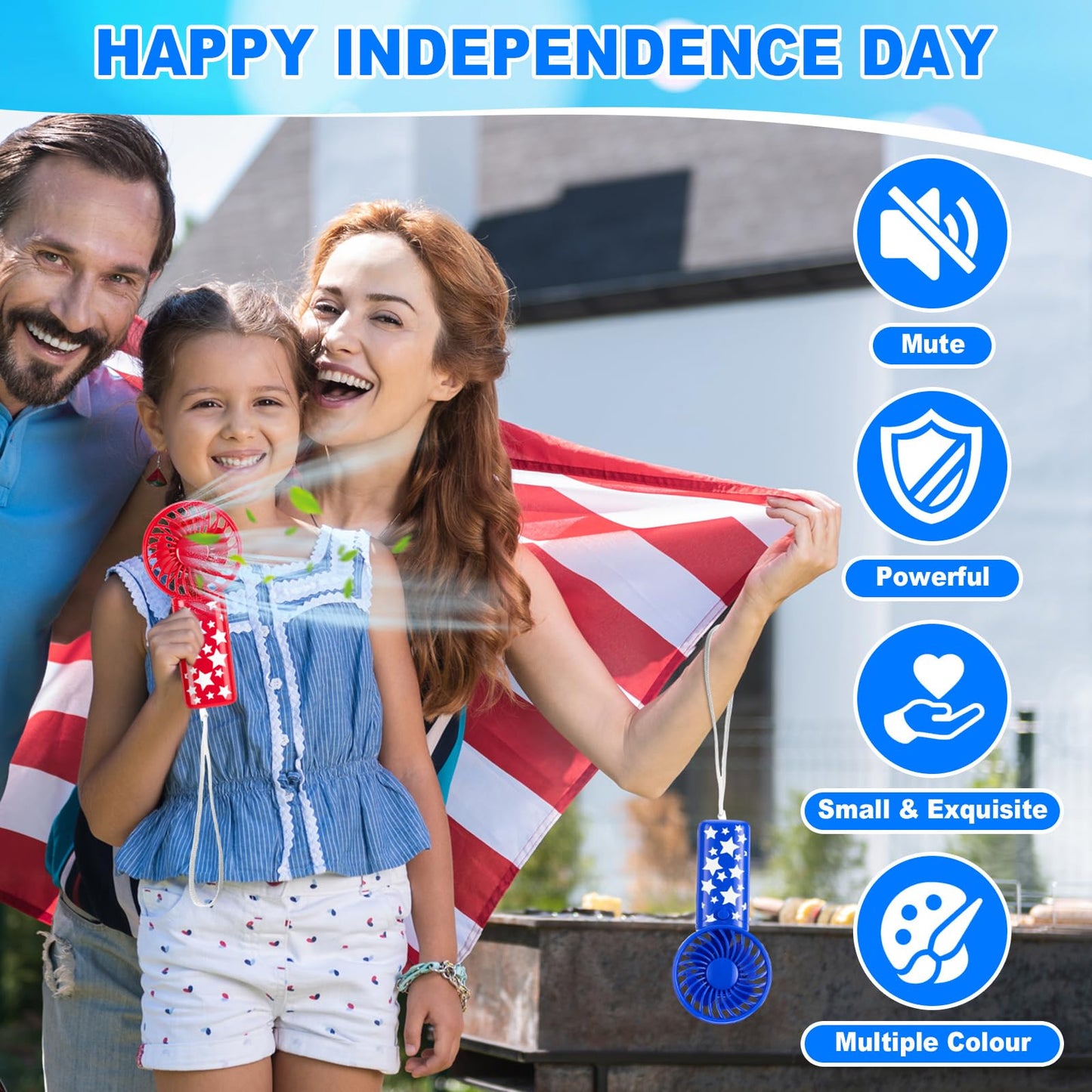Rossesay 50 Set 4th of July Mini Portable Fans Red White Blue Patriotic Handheld Fans Bulk with Thank You Cards Organza Bags for Summer Independence Day Party Favors, Battery Not Include