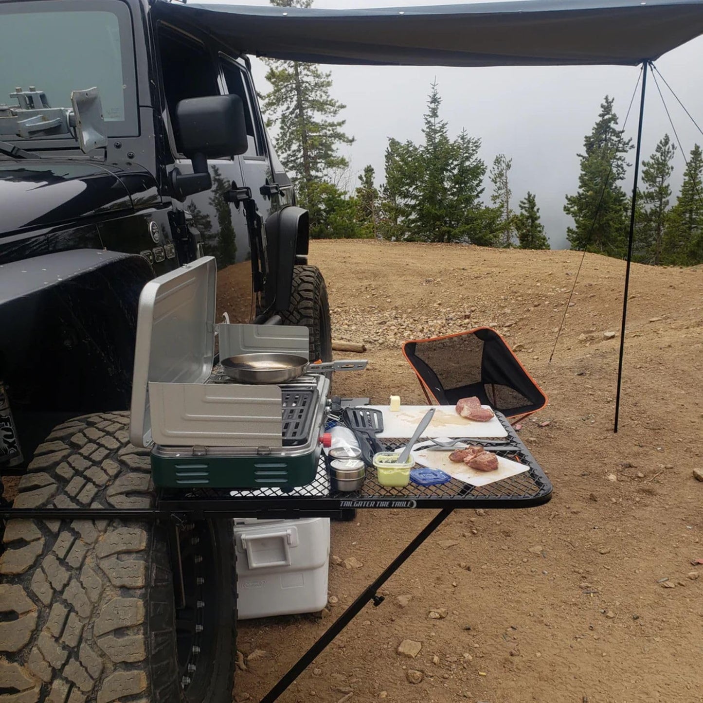 Tire Table Medium Steel Camping Table fits Tires Up to 40" | 50 Pound Capacity | Black Powder-Coated Finish | No Tool or Hitch Required | 23.5" x 27" x 1.5"