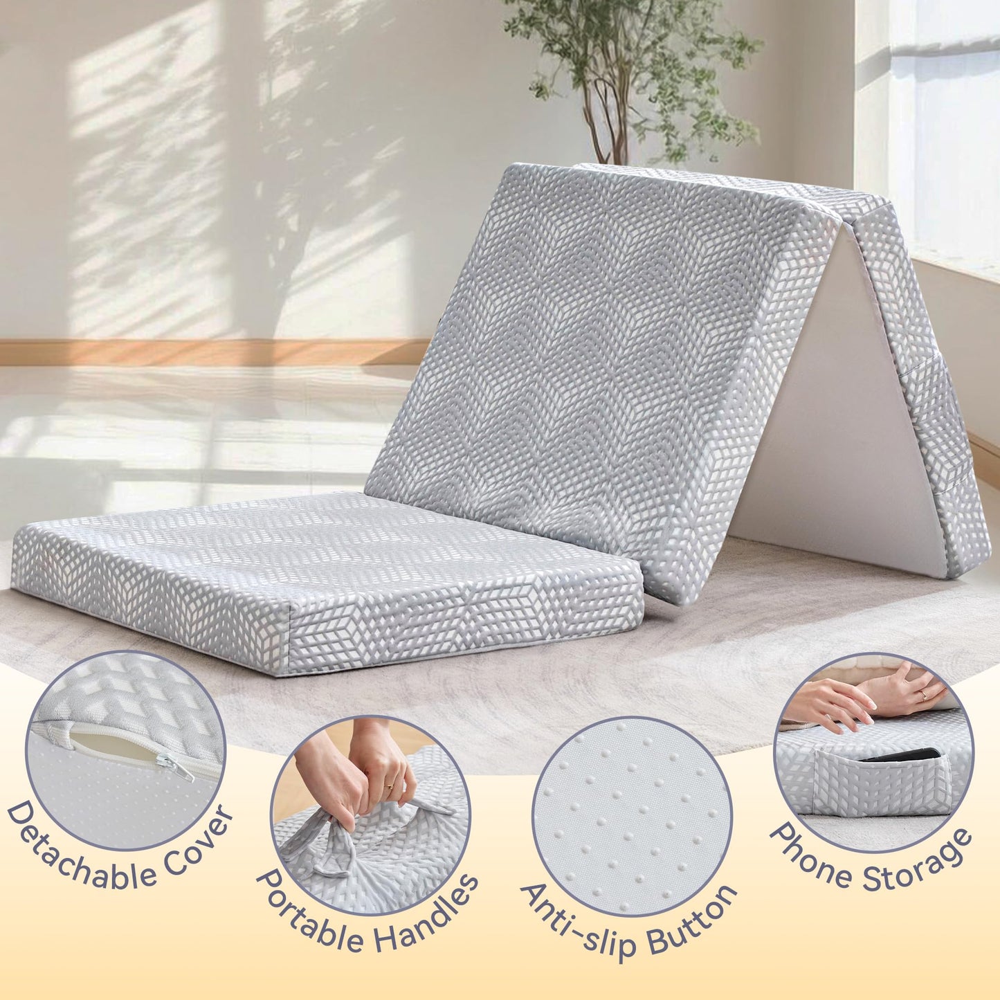 BDEUS Memory Foam Folding Topper 3.95 Inch Small Queen Size with Protable Storage Bag, Trifold Topper Soft Guest Mat Floor Mat for Kids Camping Road Trip, Gray, 58 x 78 Inch