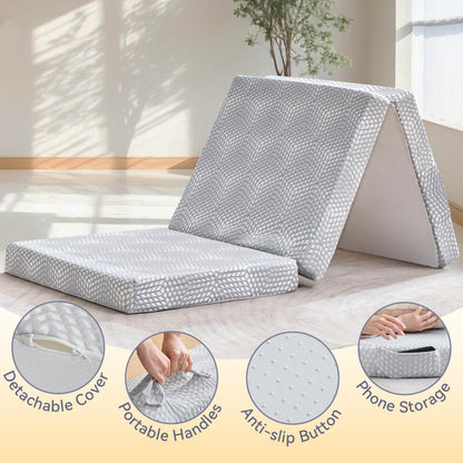 BDEUS Memory Foam Folding Topper 3.95 Inch Small Queen Size with Protable Storage Bag, Trifold Topper Soft Guest Mat Floor Mat for Kids Camping Road Trip, Gray, 58 x 78 Inch