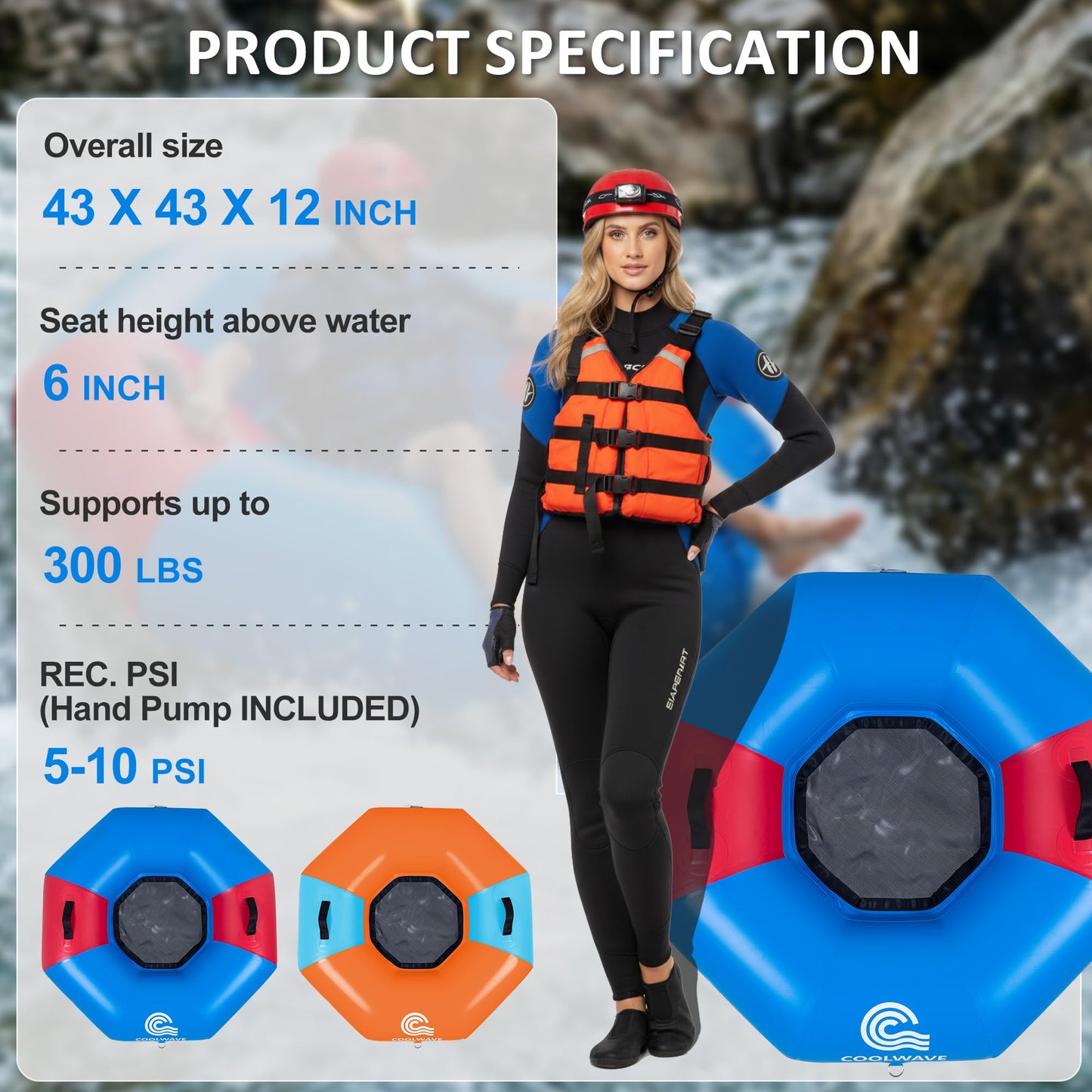 COOLWAVE Inflatable River Tube with Hand Pump, Heavy-Duty River Tubes for Floating, 43" Floating Tube with Mesh Seat for River, Lake, and Whitewater, Float Tube for Family and Friends, 300LBS Capacity