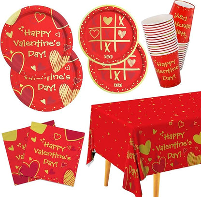 Valentine's Day Party Supplies Red Heart Love Disposable Paper Plates Napkins Cups plastic Tablecloth for Valentine's Day Engagements Anniversary Birthday Party Serve 25