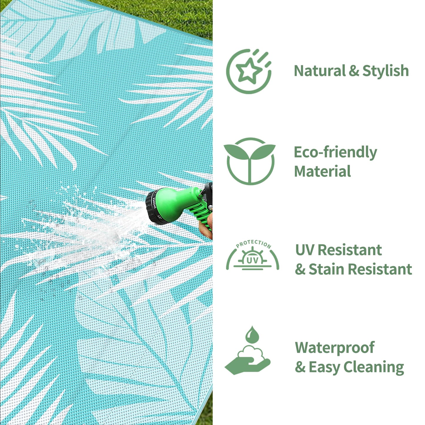 GENIMO Outdoor Rug 10' x 14' Waterproof for Patios Clearance, Reversible Outdoor Plastic Straw Camping Rug Carpet, Large Area Rugs Mats for RV, Camper, Deck, Balcony, Porch, Beach, Aqua Blue&White