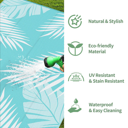 GENIMO Outdoor Rug 10' x 14' Waterproof for Patios Clearance, Reversible Outdoor Plastic Straw Camping Rug Carpet, Large Area Rugs Mats for RV, Camper, Deck, Balcony, Porch, Beach, Aqua Blue&White