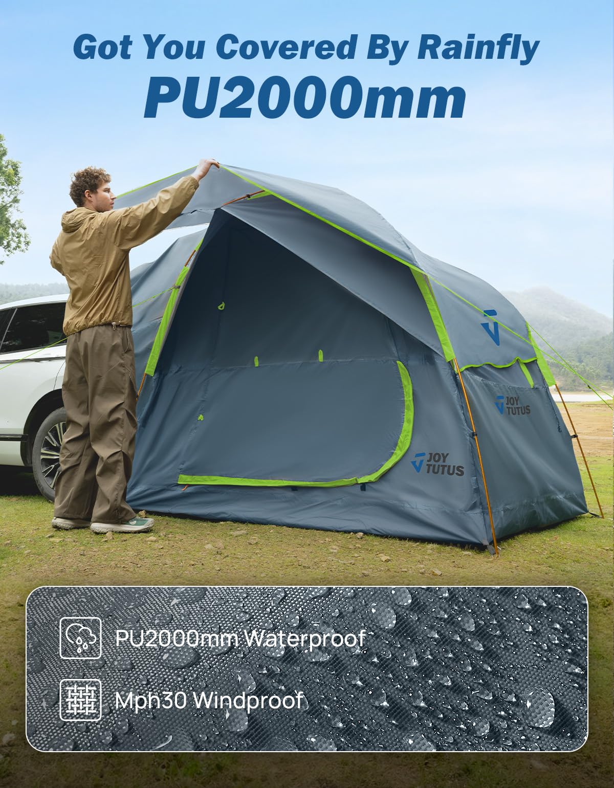 JOYTUTUS SUV Tent for Camping with Rainfly, Double Door Design Car Tent with Aluminum Poles, SUV Tailgate Tent with Waterproof PU2000mm Double Layer for 4-8 Person, Green
