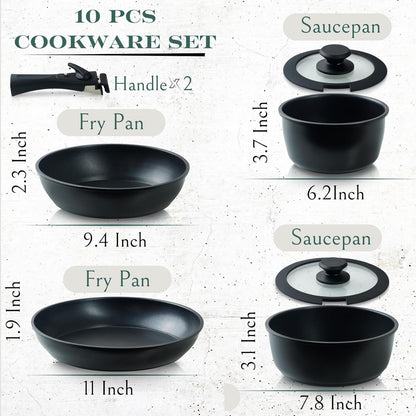 Moss & Stone Nonstick Cookware Set - 10-Piece Space-Saving Pans with Removable Handles | RV & Induction Ready