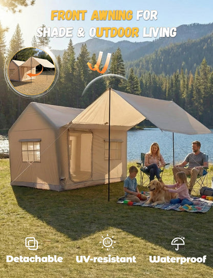 Luxury Inflatable Camping Tent House for 6-8 Person, 118"x158" XL Awning, 6.3" Extra Thick Air Beams (Stronger Than 5"), Heavy Duty Waterproof Oxford, Fast Setup Camping House with Pump & Bag