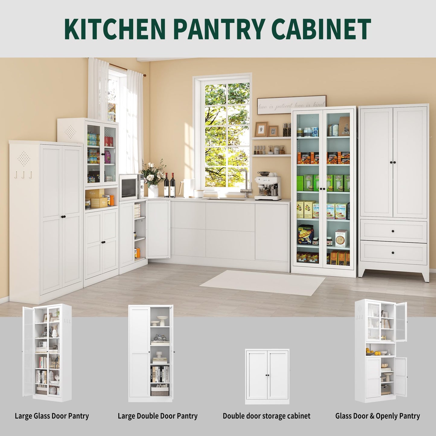 Yukimo Kitchen Pantry Cabinet, 34.5" Pantry Storage Cabinet with 2 Tier Adjustable Shelves and 2 Doors, Metal Pantry Cabinets with Handle for Living Room Kitchen Assembly Required, White