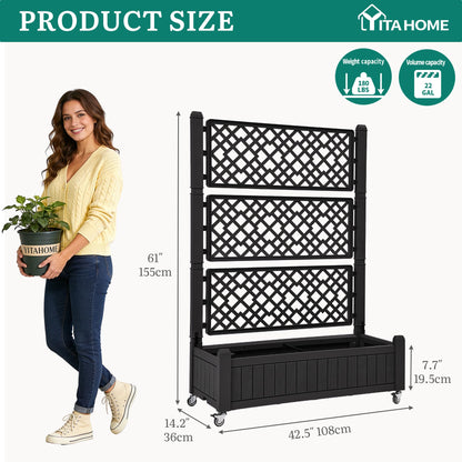 YITAHOME 42.5x14.2x61 in Planter Box with Trellis, All-Weather Raised Garden Bed with Wheels & Drain Plug, Outdoor Privacy Screen for Climbing Plants Flowers Herbs, Black