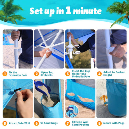 Purebox Beach Tent Shade Canopy - 8 * 8FT UPF50+ Beach Umbrella Sun Shelter 3Min Setup for 8 Person Cabana Tent with Sand Pockets Removable Side Walls Instant Sun Shade for Family, Camping, Fishing