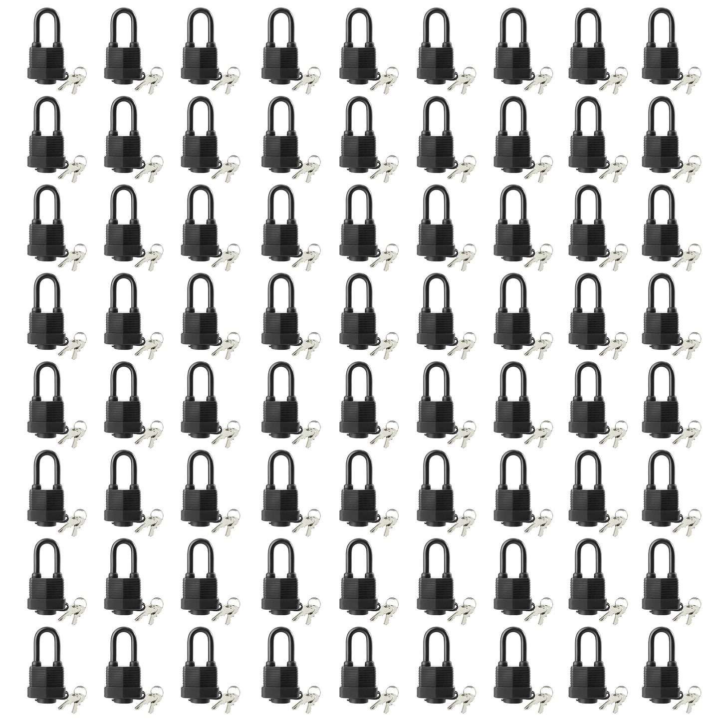 SafiSwords Waterproof Padlocks Keyed Alike for Outdoor use, Covered Heavy Duty Laminated Steel Lock, 1-9/16 Inch. Wide, Long Padlock, Bulk Locks with Same Keys, Pack of 72