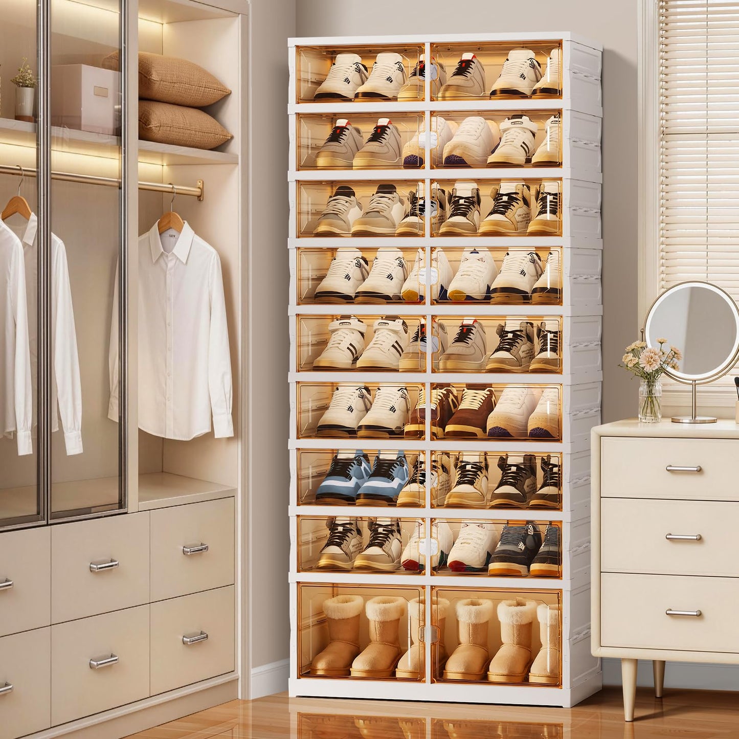 EHAMILY Foldable Shoe Rack Organizer 9-Tier, 27 Pairs Collapsible Shoe Storage Cabinet with Doors, Clear Plastic Stackable Shoe Organizer for Closet, with Boots Space, Easy Tool-Free Assembly, White