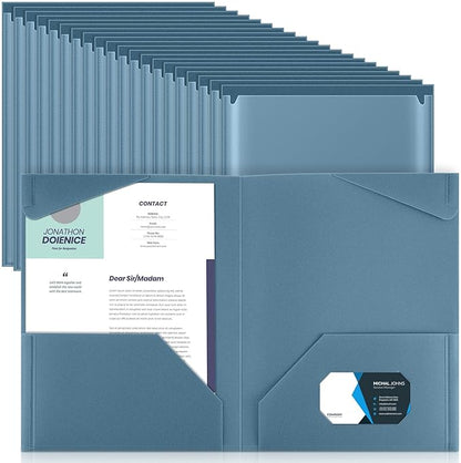 Henoyso 60 Pack Plastic Folders with Clear Front Pockets Heavy Duty File Folders with 2 Pockets and Card Slot for Classroom School &amp Office Bulk Supply (Blue Gray)