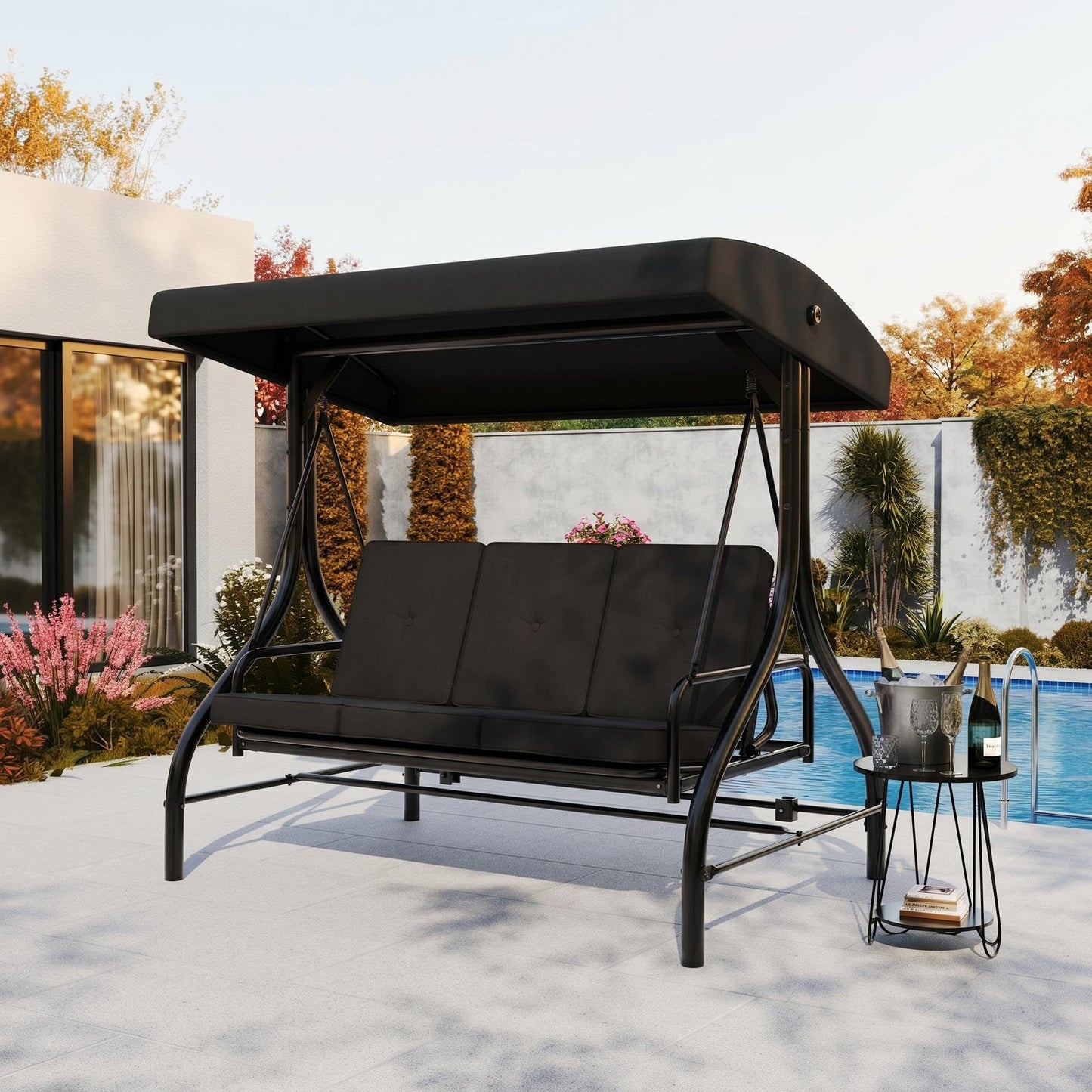 3-Seat Outdoor Porch Swing with Adjustable Canopy, Patio Swing Chair with Stand, 800 Lbs Heavy Duty Steel Frame, Reclines to 180° Swing Bed, Cup Holder Trays, Cushions & Pillows for Garden, Black