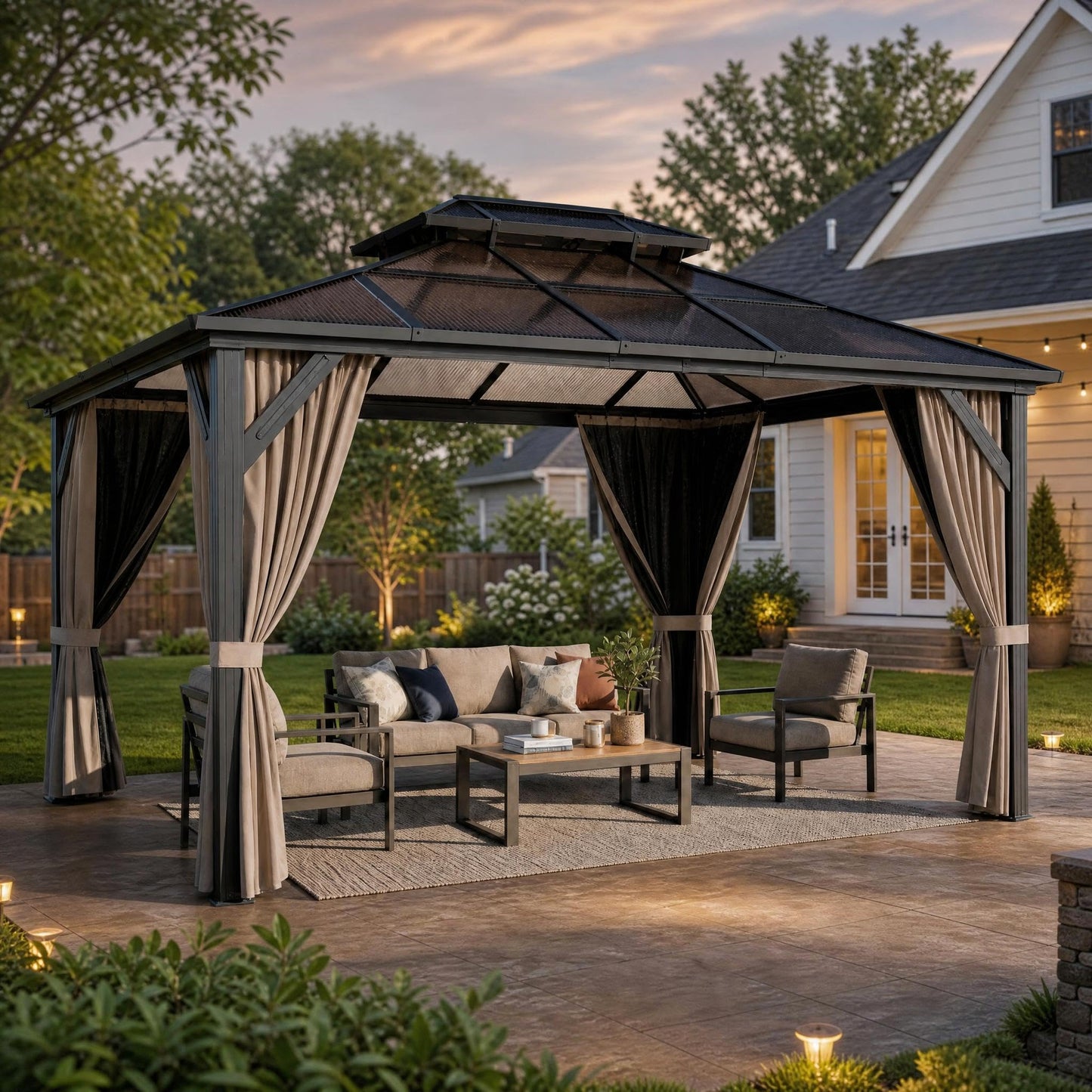 10' x 13' Hardtop Gazebo with Polycarbonate Double Roof, Aluminum Frame Permanent Pavilion with Curtains and Netting, Outdoor Gazebo for Patio Backyard (Khaki)