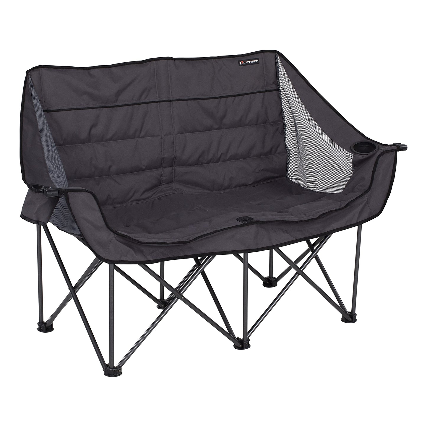 Lippert Campfire Folding Loveseat with 500-lb. Weight Capacity, Carry Bag, Durable Mesh Fabrics, High-Loft Cushioning, Storage Pocket, Dual Cupholders, Stemmed Wine Glass Holder (Grey) - 2021000206