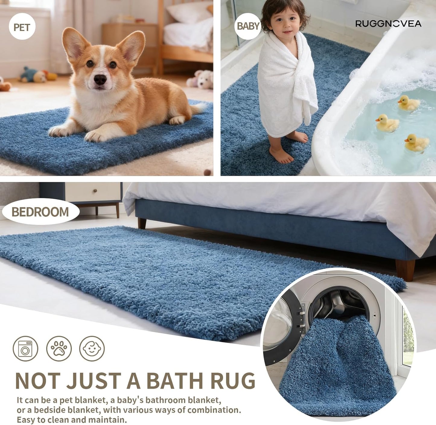 Skiennix Non-Slip Bathroom Rug - Ultra Thick Soft Microfiber, Absorbent & Washable | 24x17, Blue