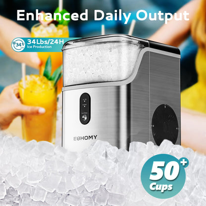 EUHOMY Nugget Ice Makers Countertop, Pebble Ice Maker Machine with 34lbs/24H Soft Ice, Self-Cleaning Sonic Ice Maker with Ice Scoop&Basket, Pellet Ice Maker for Home/Kitchen/Office(Stainless Steels)