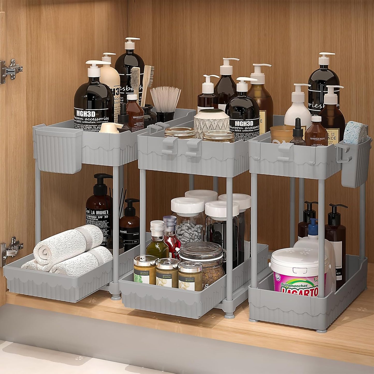 Sevenblue Under Sink Organizers - 2-Tier Kitchen & Bathroom Storage with Sliding Drawers | Gray, 14.8 Inch