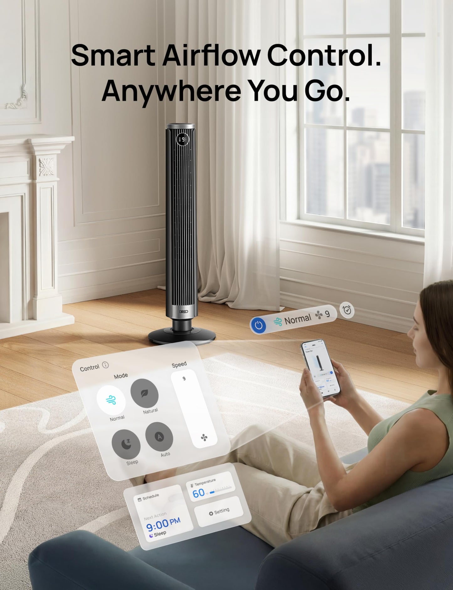 DREO Smart Tower Fan for Bedroom, 40”-45” Adjustable Height, 28 ft/s Velocity, DC Motor, 9 Speeds, 4 Modes, 90°Oscillating, Standing Fan, 20dB Quiet, 12H Timer for Home, Office, Google/Alexa, Black