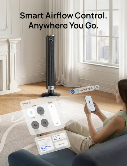 DREO Smart Tower Fan for Bedroom, 40”-45” Adjustable Height, 28 ft/s Velocity, DC Motor, 9 Speeds, 4 Modes, 90°Oscillating, Standing Fan, 20dB Quiet, 12H Timer for Home, Office, Google/Alexa, Black