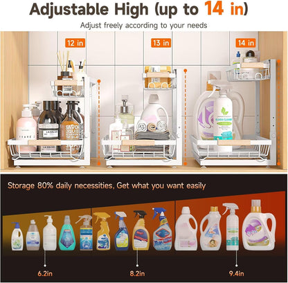 Sevenblue Under Sink Organizer - Height Adjustable 2-Tier Storage Shelf for Kitchen & Bathroom (White, Extra Large)