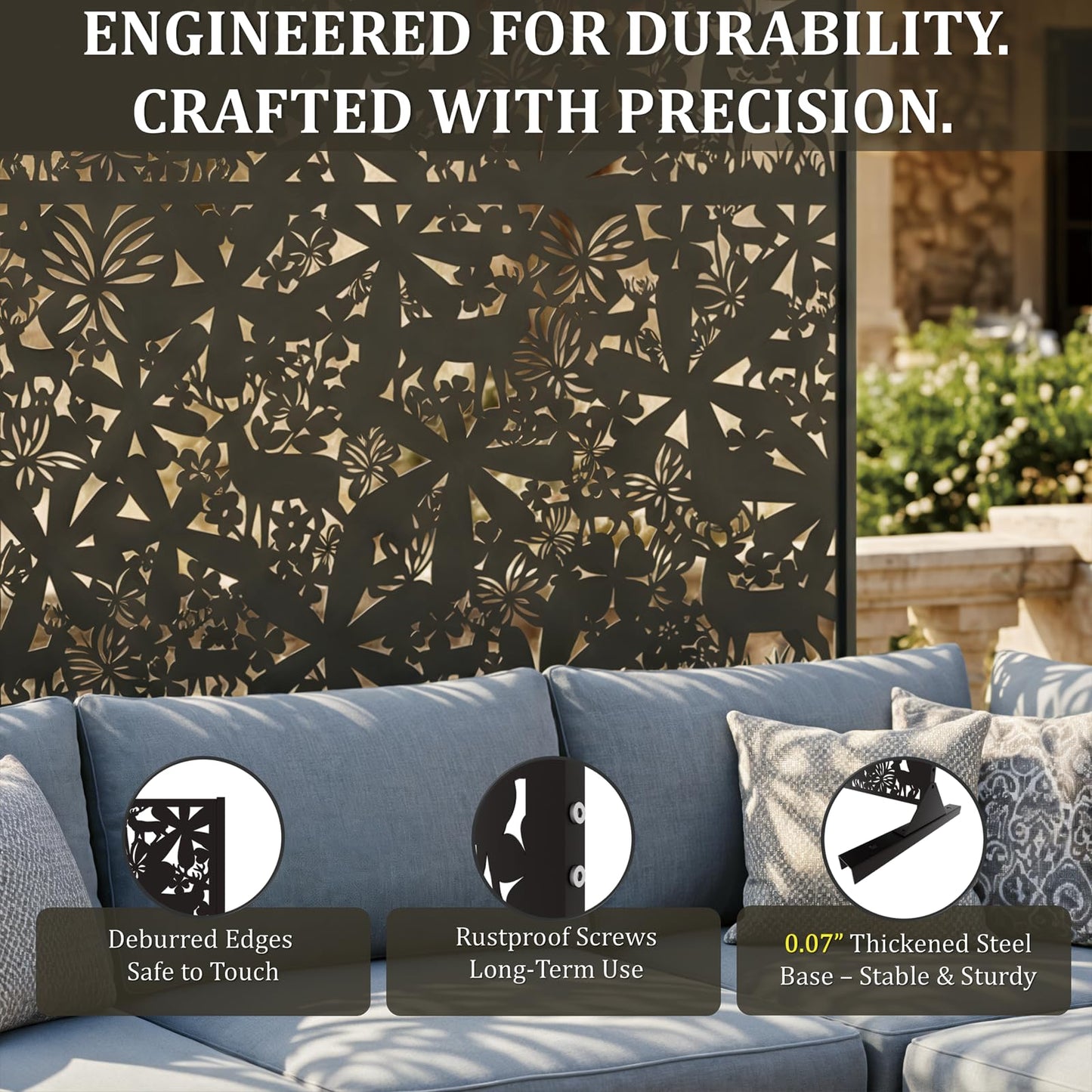 Metal Privacy Screen Outdoor 6FT – Freestanding Laser Cut Steel Garden Divider Panel with Stand, Decorative Modern Privacy Screen for Patio, Deck, Backyard & Balcony, Rustproof & Weather-Resistant