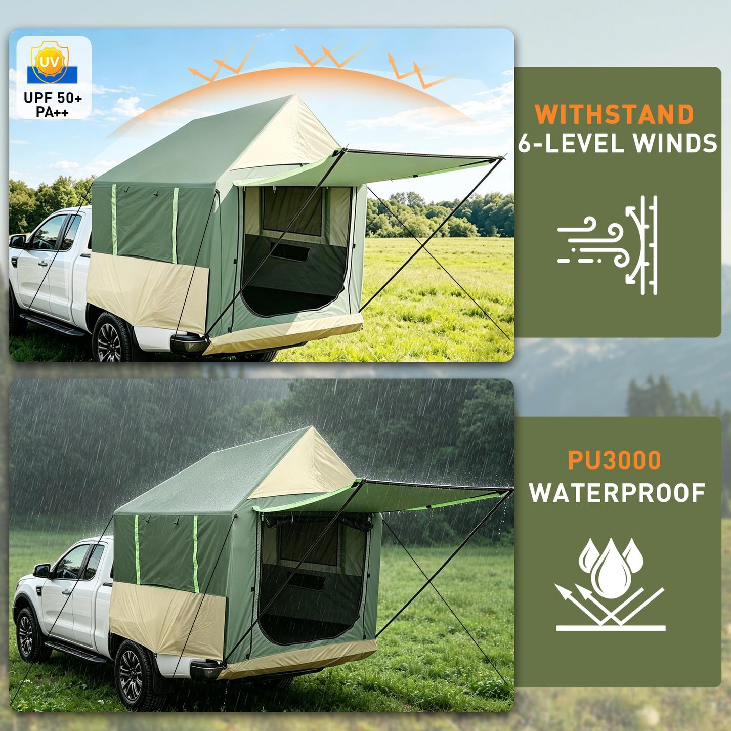 Inflatable Truck Tent with Front Awning - PU3000mm Waterproof 2-Min Setup Easy Set up Pickup Truck Tent with Pump 2 persen turck Bed Tent for 5.5ft-8ft Pickup Outdoor Camping Tent
