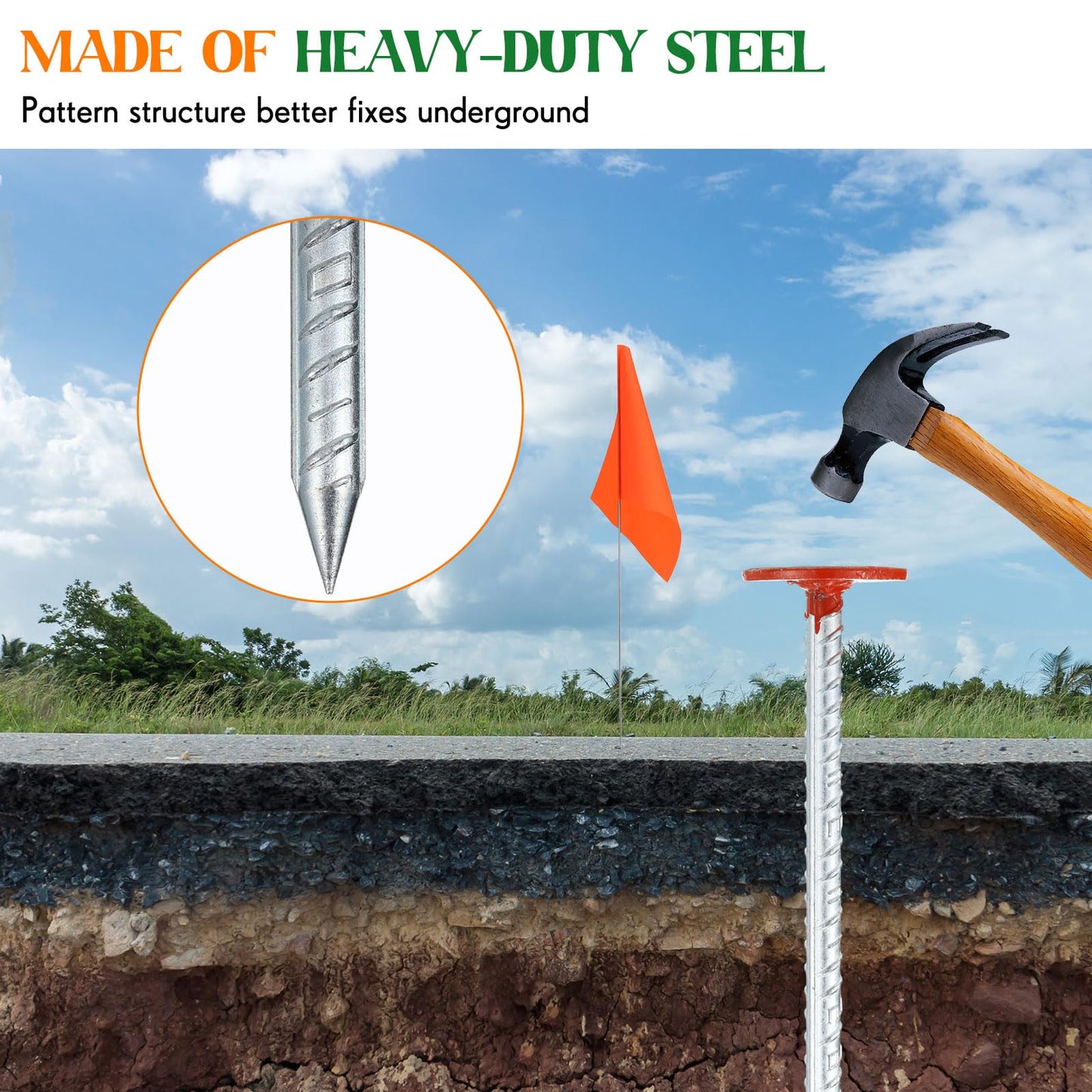 Otoolling 12 Pack 12 Inch Galvanized Property Line Stakes with Marking Flags Writable Heavy Duty Rebar Hi Vis Orange Survey Markers Permanent for Yard Lawn, Irrigation Landscape Sprinkler Pet Training