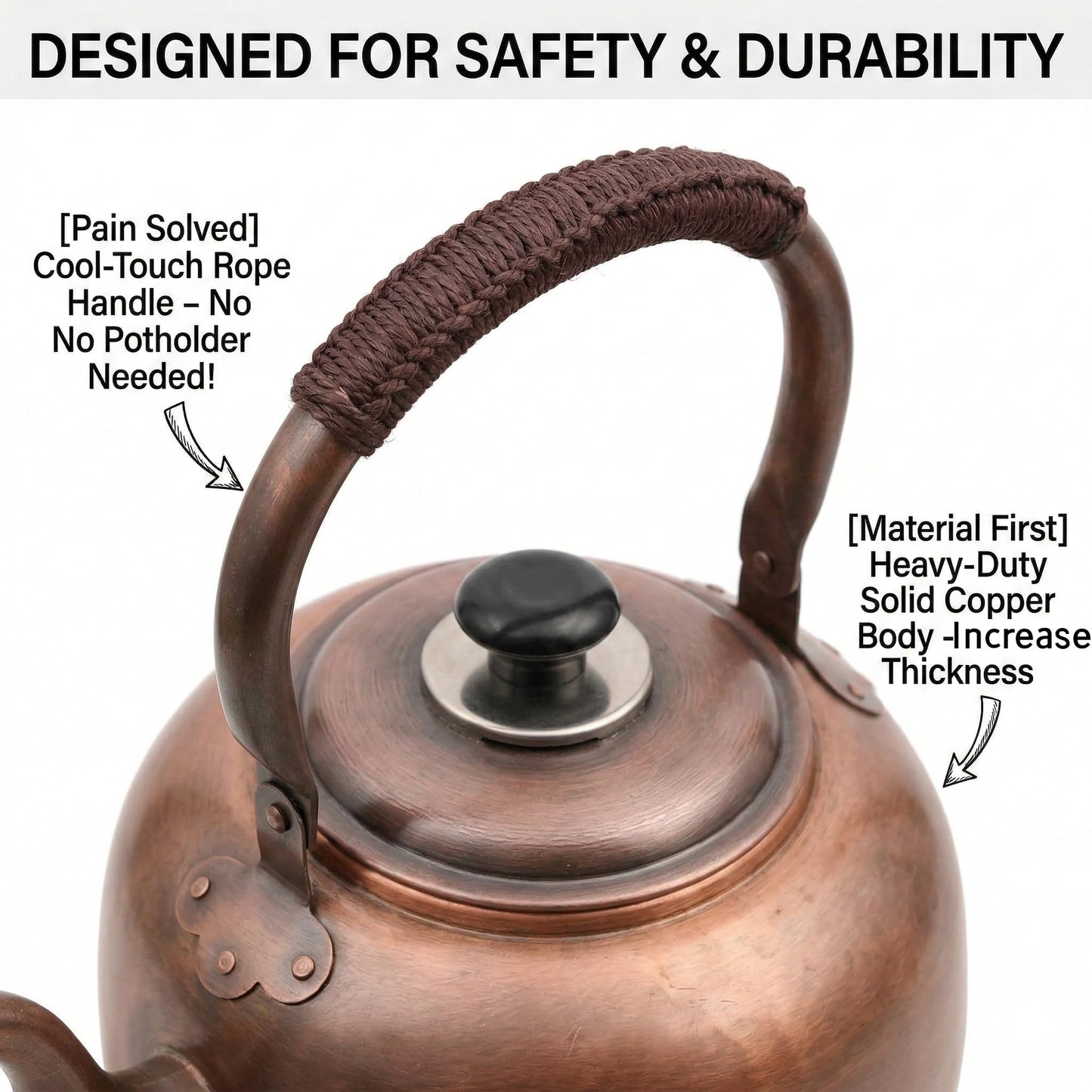 wloadry Copper Whistling Tea Kettle, Large Capacity with Cool-Touch Rope Handle,thicker Solid Copper Pot for Induction, Gas, Electric Stovetops, Fast Boiling Vintage Tea Maker (Bronze, 3.2 QT)