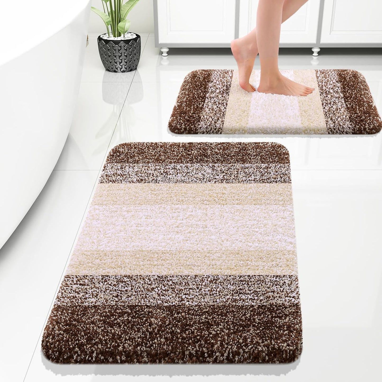 OLANLY Bathroom Rug Set - Soft Absorbent Microfiber Non-Slip Mats | Plush Shaggy, Brown (30"x20"+24"x16")