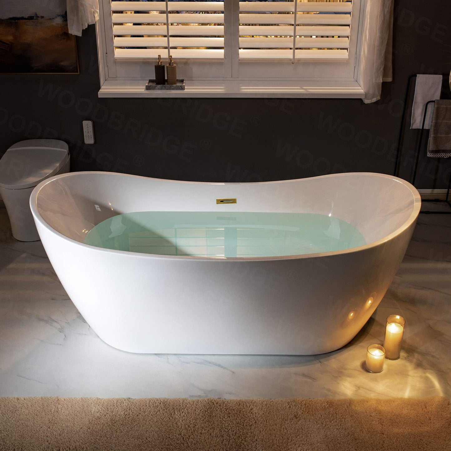 WOODBRIDGE 71"Freestanding White Acylic Soaking Bathtub with Brushed Gold Drain and Overflow,BTA1517 -BG-Drain &O
